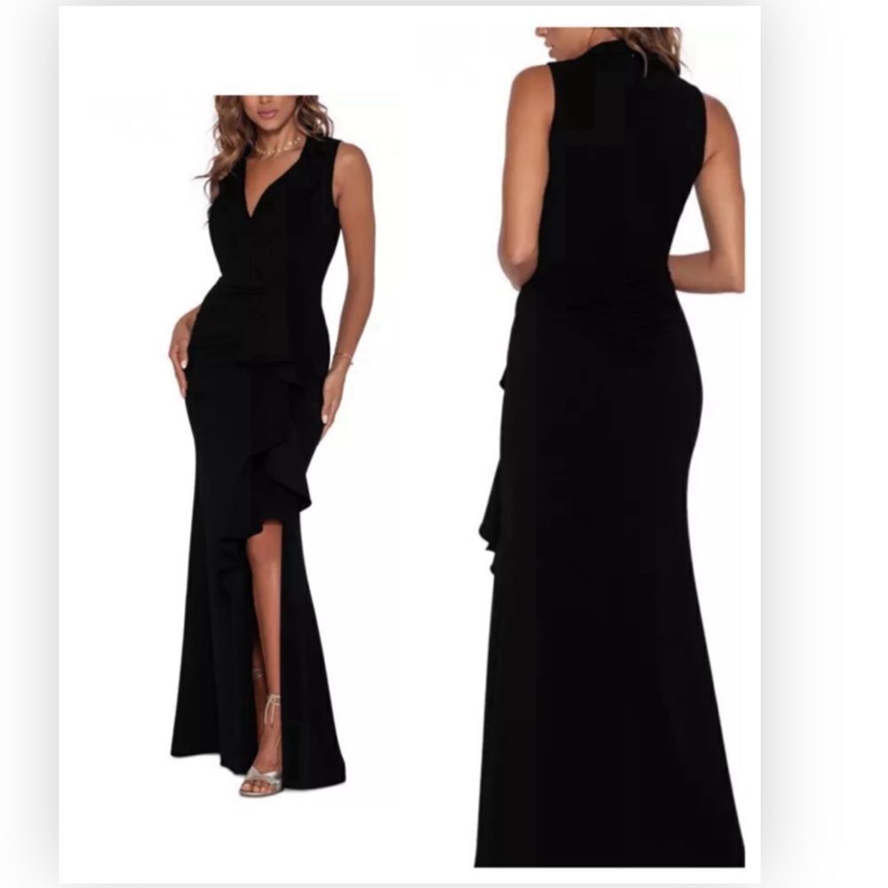 Betsy & Adam A3237 V-Neck Cascade Ruffle High-Low Gown Black $249
